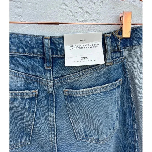 Zara Ruffled Womens Crop Straight Leg Button Fly Patchwork Denim Jeans Blue Sz 4 - Picture 6 of 13